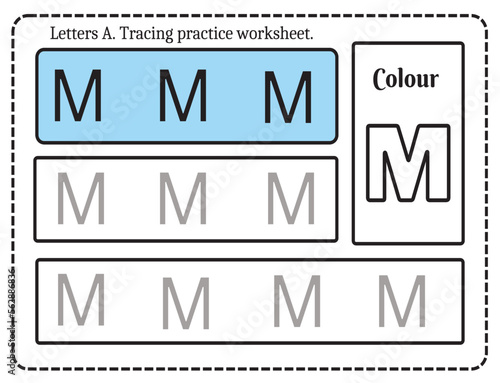 Alphabet letters tracing worksheet with alphabet letter M. Basic writing practice for kindergarten kids worksheet ready to print vector illustration