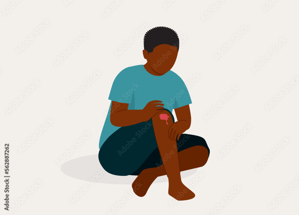 Black Boy Holding His Wounded Knee With Blood. Full Length. Flat Design Style, Character, Cartoon. Black Boy Holding His Wounded Knee With Blood. Full Length. Flat Design Style, Character, Cartoon.