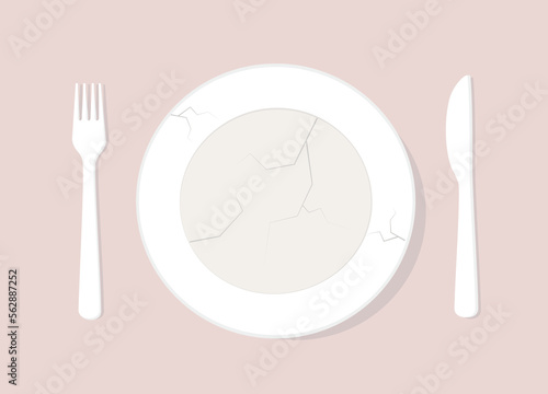 Top View Of White Empty Broken Plate With Fork And Knife.