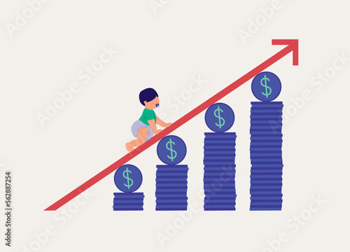 Cost Of Raising A Child Increasing And Getting More Expensive. Full Length. Flat Design Style, Character, Cartoon.