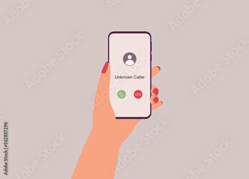 A Female’s Hand Receive Incoming Call From An Unknown Caller. Phone Scammer. Vishing. Close-Up. Flat Design Style, Character, Cartoon.