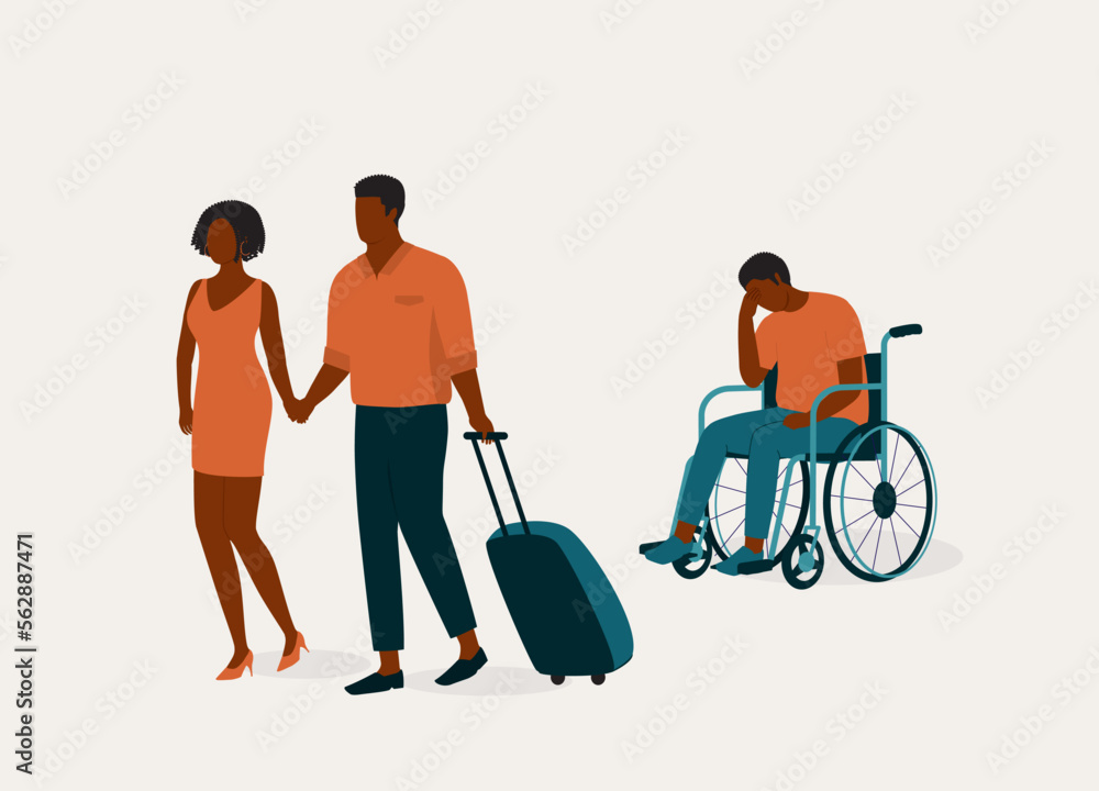 Disloyal Black Wife Leaving Her Disabled Husband For Another Man. Extra-Marital Affair. Devastated Husband With Wheelchair Feeling Lost And Helpless. Full Length. Flat Design Style, Character, Cartoon Disloyal Black Wife Leaving Her Disabled Husband For Another Man. Extra-Marital Affair. Devastated Husband With Wheelchair Feeling Lost And Helpless. Full Length. Flat Design Style, Character, Cartoon