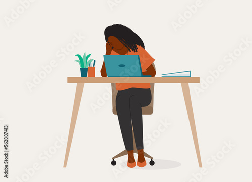 Stressful Young Black Woman Employee Having Headache While Working On Laptop. Full Length. Flat Design Style, Character, Cartoon.