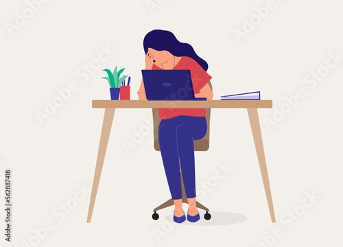 Stressful Young Woman Employee Having Headache While Working On Laptop. Full Length. Flat Design Style, Character, Cartoon.
