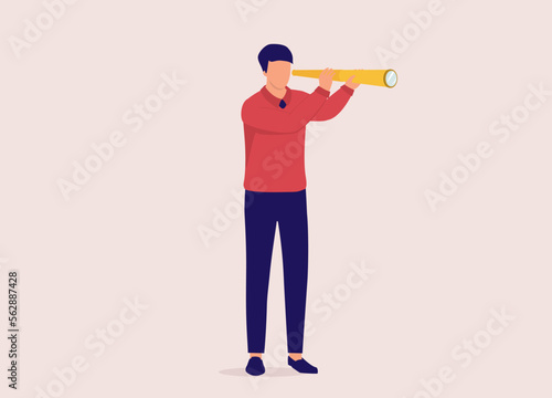 One Businessman Looking Through A Telescope. Full Length. Flat Design Style, Character, Cartoon.