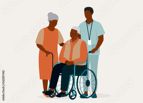 Black Senior Wife With Her Disabled Senior Husband In Wheelchair Is Being Taken Care By A Male Nurse. Full Length. Flat Design Style, Character, Cartoon.