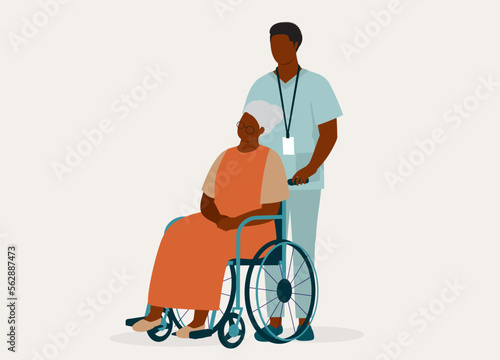 Black Male Nurse With Medical Scrubs Pushing Disabled Senior Woman In Wheelchair. Full Length. Flat Design Style, Character, Cartoon.