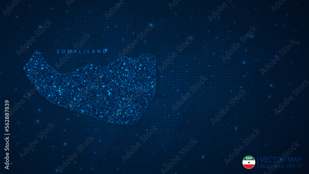 Map of Somaliland modern design with polygonal shapes on dark blue background. Business wireframe mesh spheres from flying debris. Blue structure style vector illustration concept