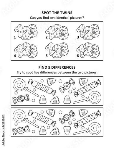 Activity sheet for kids with two visual puzzles, also can be used as coloring page, printable, fit Letter or A4 paper. 