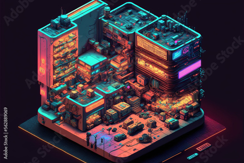 isometric futuristic cyberpunk room, generative ai