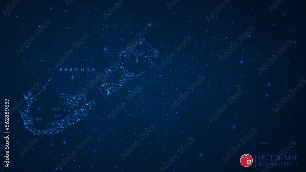 Map of Bermuda modern design with polygonal shapes on dark blue background. Business wireframe mesh spheres from flying debris. Blue structure style vector illustration concept