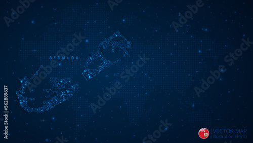Map of Bermuda modern design with polygonal shapes on dark blue background. Business wireframe mesh spheres from flying debris. Blue structure style vector illustration concept