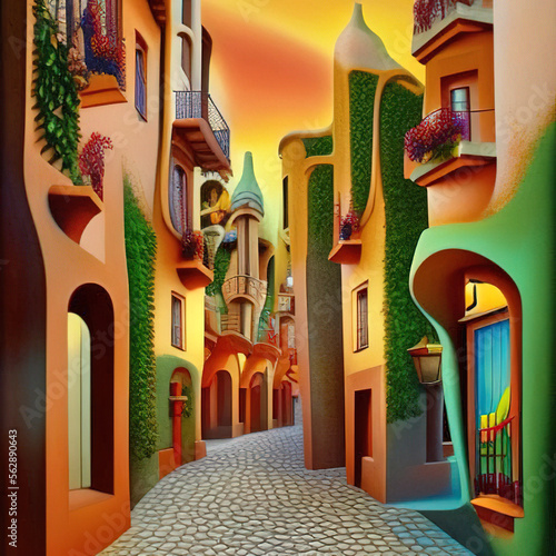 Wallpaper Mural Quaint Mediterranean style houses close together along a cobblestone alley with flowers, archways and balconies