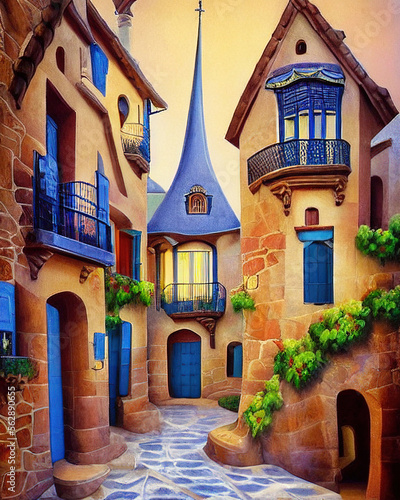 Fotografering Quaint Mediterranean style houses close together along a cobblestone alley with flowers, archways and balconies