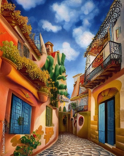 Photo Quaint Mediterranean style houses close together along a cobblestone alley with flowers, archways and balconies