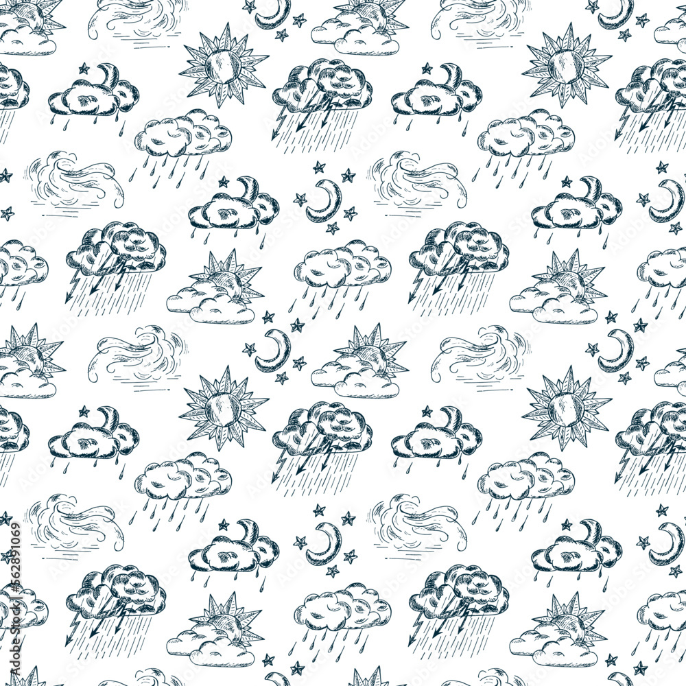Obraz premium Weather symbols seamless pattern. Hand drawn vector doodle illustration.