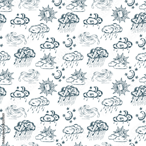 Weather symbols seamless pattern. Hand drawn vector doodle illustration.