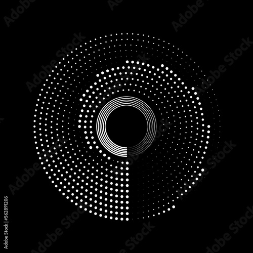 White halftone dots and stripes in spiral form. Halftone design element for border frame, round logo, blackout tattoo, sign, symbol,  prints, template, social media, pattern and abstract background