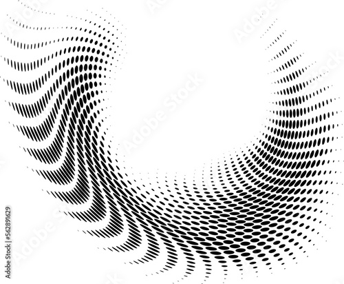 Polka dot halftone dotted oval frame with fluttering rays on the left. Vector.