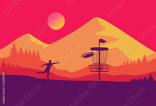  Premium editable vector file of diskgolf player throw the disc in the good afternoon mountain scene best for your digital design and print mockup