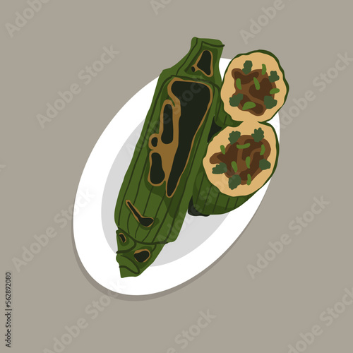 Food illustration Cartoon, Nasi Bakar or Grilled Rice Toasted Rice wrapped in Banana Leaf, Indonesian Traditional Food on white plate for poster design