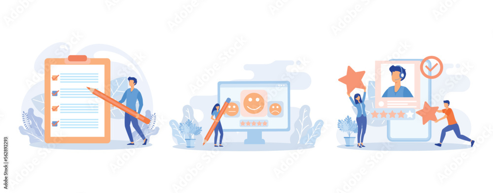 Customer feedback and user experience illustration. Characters giving review to customer service operator, choosing emoji to show satisfaction rating and filling survey form. flat vector illustration 