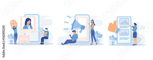 Social media illustration. Characters integrating with social media platform. Followers leaving reaction on posts, giving feedback, likes and writing comments. Flat vector modern illustration 