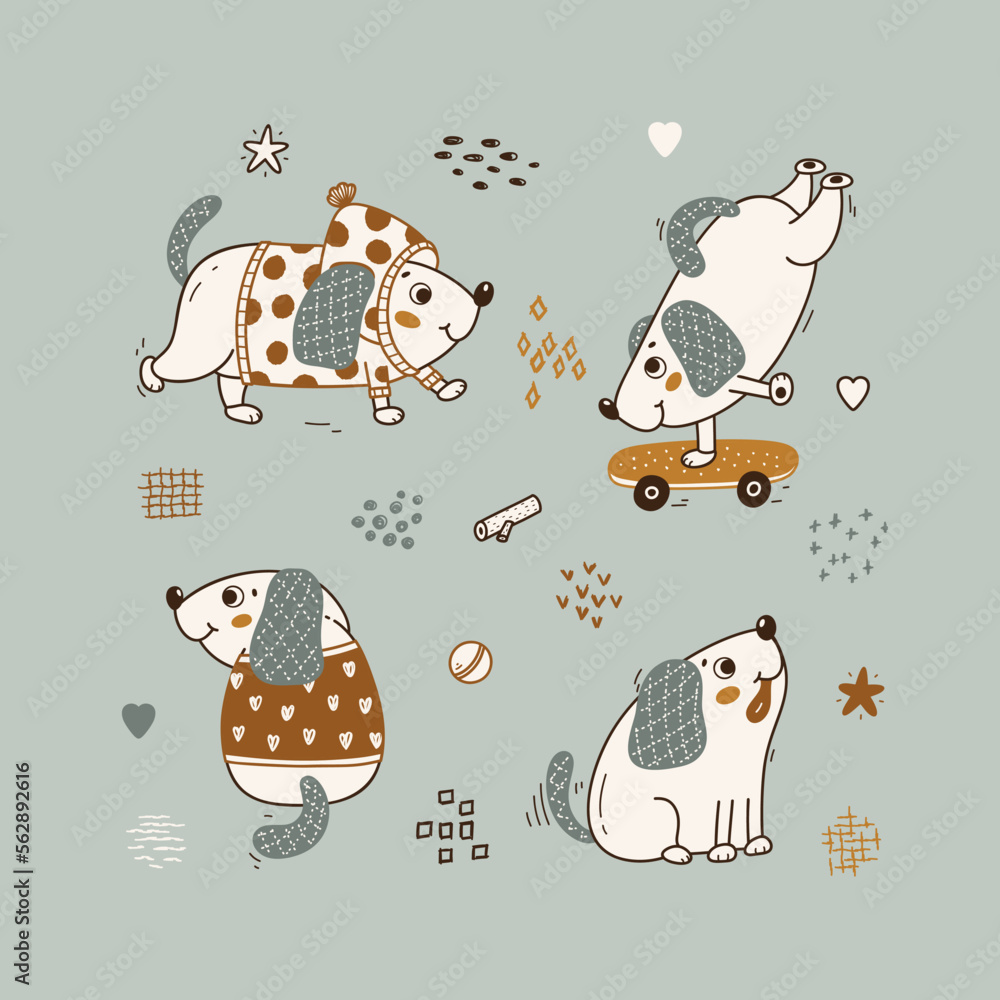 Pet Vector Set. Cute Dogs. Poster for Kids with Little Puppies. Baby ...