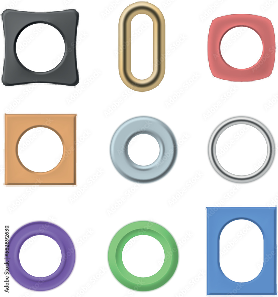 Colored eyelets circle square oval shape metallic grommets holes in labels and fabric set vector Colored eyelets circle square oval shape metallic grommets holes in labels and fabric set vector