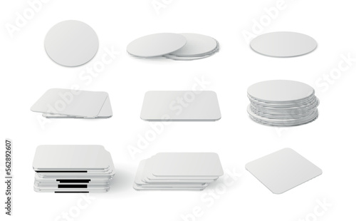 Cardboard coasters for glasses circle squared stack heap set realistic vector illustration