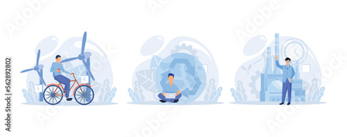 Circular economy illustration. Sustainable economic growth with renewable energy and natural resources. Green energy, sustainable industry and manufacturing concept. Flat vector modern illustration. 