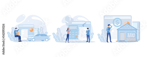 Financial management illustration. Characters paying credit, mortgage, taxes and household invoice bills. Personal finances, loans and debt concept. Flat vector illustration 
