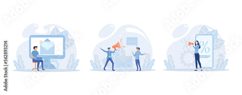 Social media promotion scenes. Characters using big loudspeaker to communicate with audience, sending advertising emails, offering sale and discount. Flat vector modern illustration 