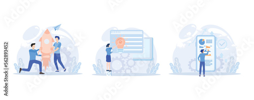 Business illustration set. Characters planning, prototyping and testing startup ideas and analyzing marketing data. Business activities concept. Flat vector modern illustration 