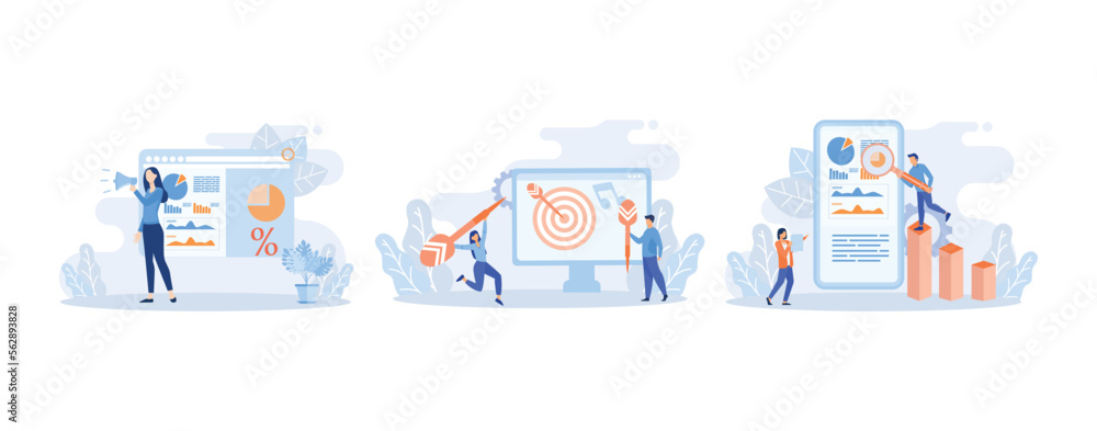 Digital marketing illustration. Characters promoting product with big loudspeaker, targeting audience, analyzing marketing data on smart phone. Marketing campaign concept.Flat vector illustration 