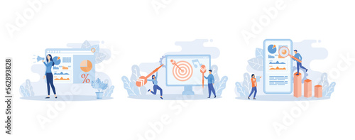 Digital marketing illustration. Characters promoting product with big loudspeaker, targeting audience, analyzing marketing data on smart phone. Marketing campaign concept.Flat vector illustration 