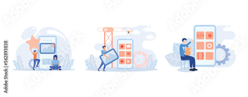 Mobile design and development illustration. Developers prototyping, programming user interface and testing mobile app. UI design and user experience concept. Flat vector illustration  © Alwie99d