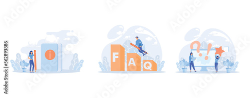 Frequency asked questions and helpdesk illustration. Characters contacting with helpdesk service, asking questions and receiving answers. Customer support concept. Flat vetor modern illustration 