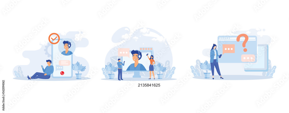 Customer support illustration. Characters using online helpdesk platform. People asking a questions and receiving answers from helpdesk or call center operator. Flat vector modern illustration Customer support illustration. Characters using online helpdesk platform. People asking a questions and receiving answers from helpdesk or call center operator. Flat vector modern illustration