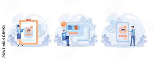 Customer feedback and user experience illustration. Characters giving review to customer service operator and choosing emoji to show satisfaction rating. Rating scale concept. Flat vector illustration