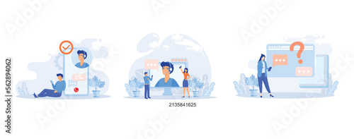 Customer support illustration. Characters using online helpdesk platform. People asking a questions and receiving answers from helpdesk or call center operator. Flat vector modern illustration 