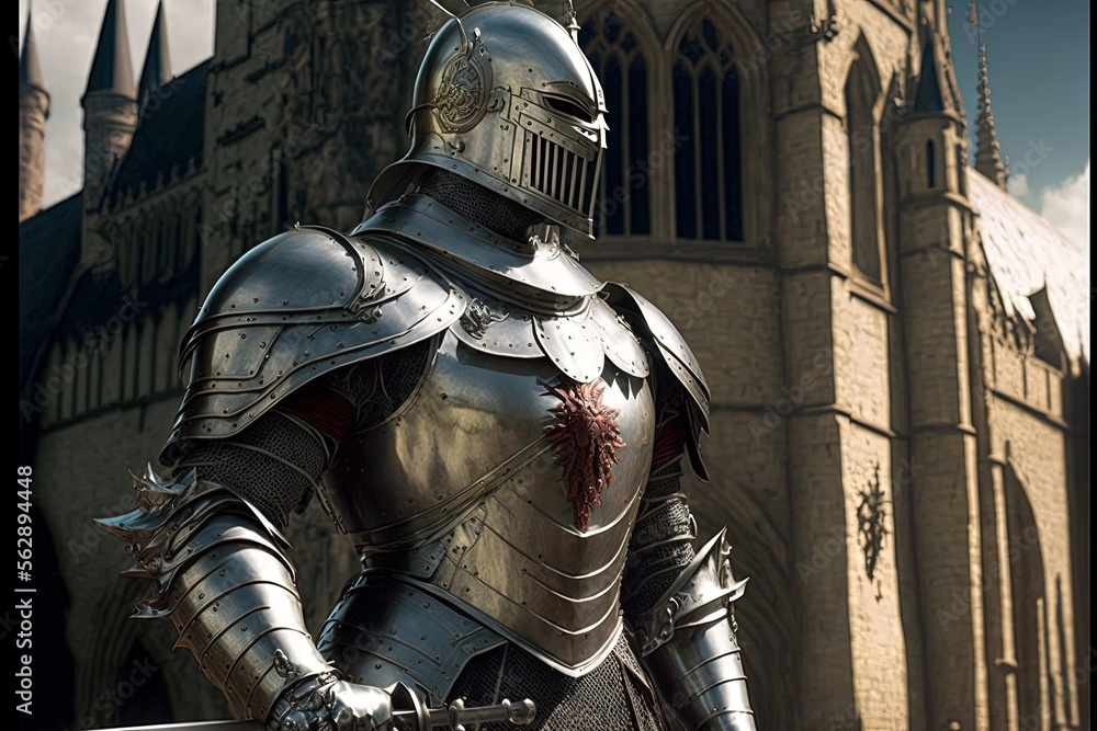 Medieval knight in silver armor, castle in the background. Generative AI