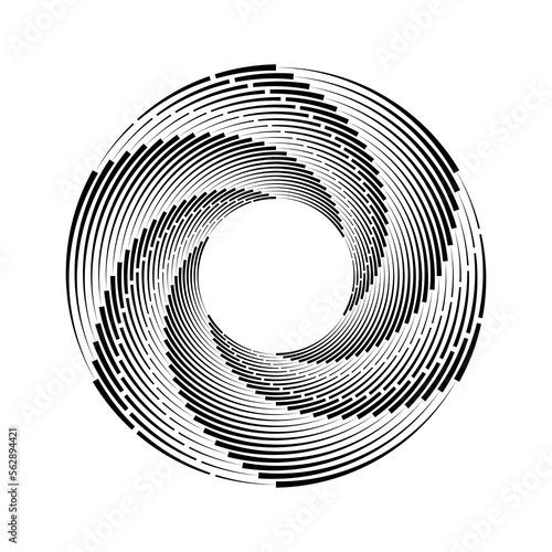 Radial halftone dots and lines in spiral form. Segmented circle. Helix. Geometric art. Circular shape. Trendy design element for border frame, round logo, tattoo, sign, symbol, web pages, prints