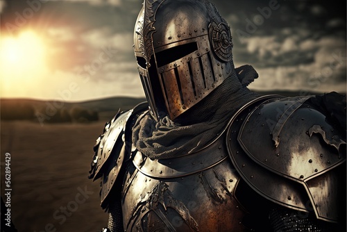 Fotomurale Medieval knight in silver armor, battlefield in the background