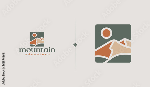 Mountain and Sun Rays, Mount Peak Hill Nature Landscape view for Adventure Outdoor logo template