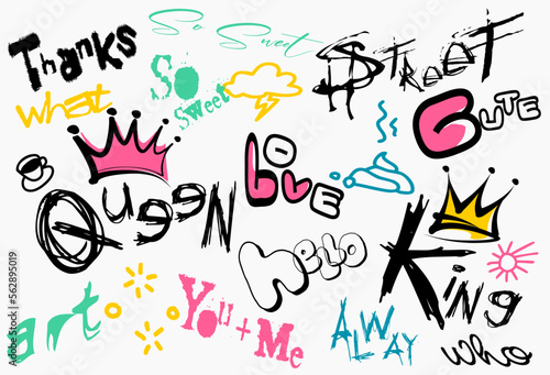 Graffiti words and elements, street art with spray paint drips. Abstract urban wall scribbles savage