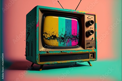 Old TV, 80s and 90s style retro television, colorful, background. Generative AI