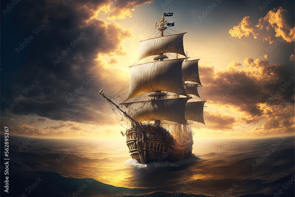 Landscape with pirate ship on the sea, sky and clouds, sun rays. Generative AI