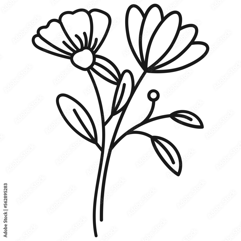 Floral branch with leaves and flowers hand drawn style. - obrazy, fototapety, plakaty 