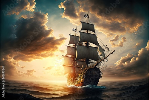Obraz na płótnie Landscape with pirate ship on the sea, sky and clouds, sun rays